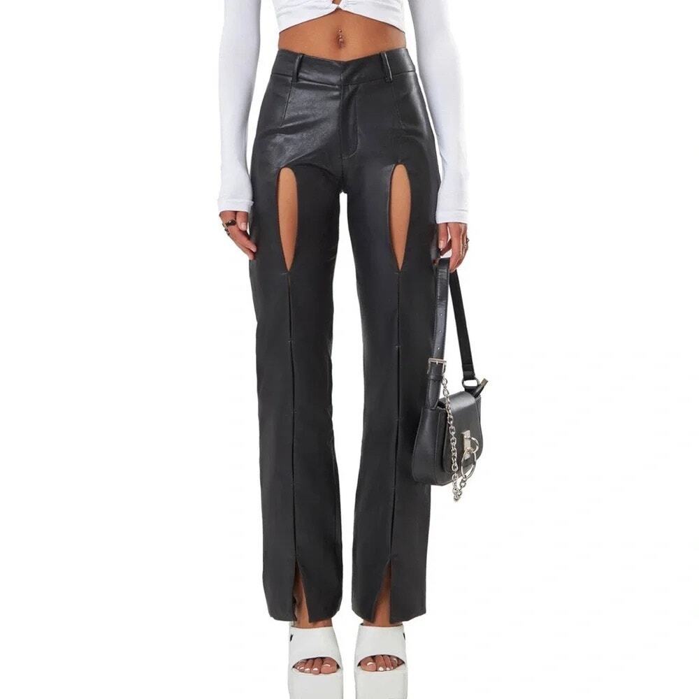 THE KRIPT Naida Faux Leather Split Front Black Pants Size M Goth Punk Nadia